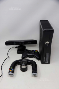 Console Xbox 360 Nera Modello 1439 Con 1 Joystik, 1 Volante, Cavi E Kinect
