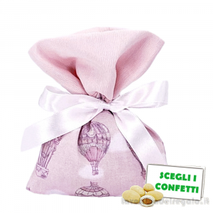 Sacchetto Portaconfetti rosa Bomboniera Battesimo Bimba con Mongolfiere 11x14 cm - Made in Italy