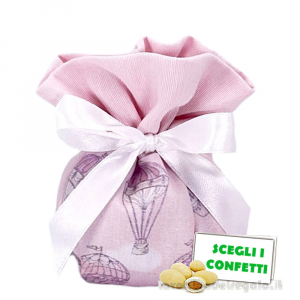 Sacchetto Portaconfetti rosa Bomboniera Battesimo Bimba con Mongolfiere 14x14 cm - Made in Italy