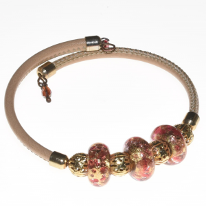 Pink leather bracelet with Murano glass beads PR Lampwork
