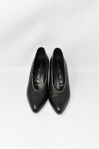 Pointed-toe Pump Woman Divine N° 38 Black In Leather With Studs Gold Plated