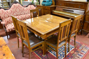 Wooden Table Square With 6 Chairs Sitting In Faux Leather Brown (extendable)