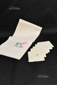 Tea Placemat Hand Embroidered Floral 40x40 Cm + 6 Napkins