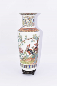 Ceramic Vase Chinese Depicting By Peacock + Pedestal