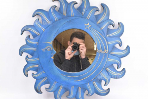 Specchio Da Appendere A Forma Di Sole E Luna Blu Diametro 59 Cm