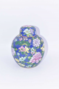 Vase Chinese For Decoration With Lid Background Blue Flowery Height 17 Cm