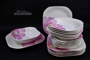 Servizioi Of Plates Form 6 + 6 + 6 + Salad Bowl + Plate Service Fantasy Flower Pink