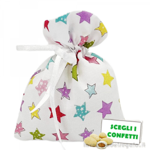 Sacchetto Portaconfetti bianco Bomboniera con stelle colorate linea Star 9x11 cm - Made in Italy
