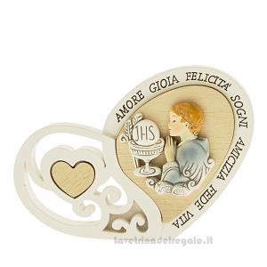 Icona cuore con Bambino e Calice in resina 12 cm - Bomboniera comunione bimba