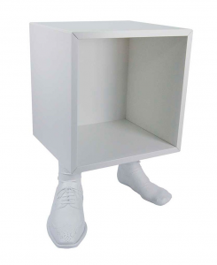 White-colored bedside table with base in the shape of man's feet in resin Made in Italy
