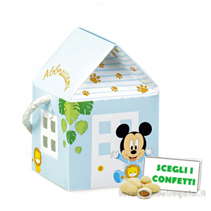 Scatola casetta Portaconfetti celeste Bomboniera Battesimo Bimbo Topolino Baby Disney 5.5x5.5x5 cm