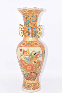 Vaso In Ceramica Orientale Fantasia Arancione Con Fiori 45 Cm Altezza