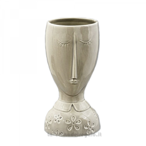 Vaso grigio viso stilizzato in ceramica smaltata 11.5x22 cm - Idea Regalo