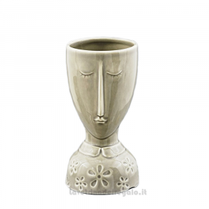 Vaso grigio viso stilizzato in ceramica smaltata 9.5x18 cm - Idea Regalo