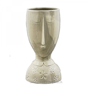 Vaso grigio viso stilizzato in ceramica smaltata 14.5x28 cm - Idea Regalo