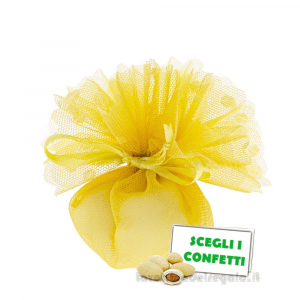 Velo Portaconfetti giallo Bomboniera linea Flora a pois in organza 24 cm