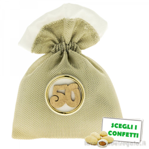 Sacchetto Portaconfetti oro Bomboniera 50° Anniversario Nozze con applicazione 10x12 cm