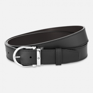 Cintura Montblanc reversibile in pelle nera/marrone 35 mm con fibbia a ferro di cavallo