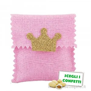 Sacchetto bustina Portaconfetti rosa Bomboniera Battesimo Bimba con Corona oro 10x10 cm