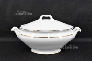 Zuppiera In Ceramica Thun Vintage , Bianco Con Bordo Oro 40x22 Cm
