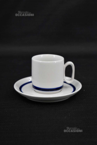 Set Tazzine Da Caffè Tognana 9 Pezzi + piattini, Ceramica Bianca Riga Blu