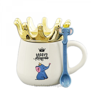 Tazza Mug bianca con Elefantino, cucchiaino e corona oro - Idea Regalo
