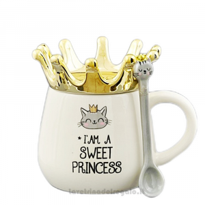 Tazza Mug bianca con Gattino, cucchiaino e corona oro - Idea Regalo