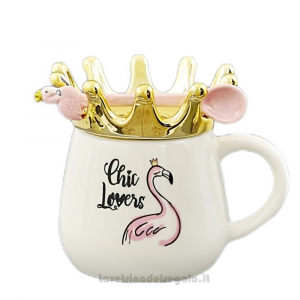 Tazza Mug bianca con Fenicottero, cucchiaino e corona oro - Idea Regalo