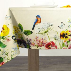 Tovaglia Puro Cotone Drill con Balza Piazzata decorata con Stampa Digitale di Fiori, Uccellini e Farfalle | Anna Collezioni