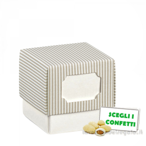 Scatola cubo Portaconfetti tortora Bomboniera Fleur Mille Righe con tasca 7x7x7 cm
