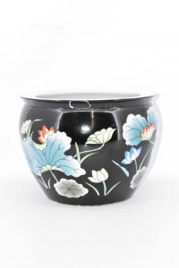 Vase Holder Plants Oriental Black With Flowers Made In Japan 32x25 Cm (defect)