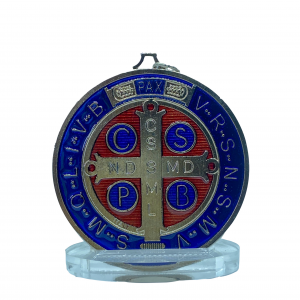 Saint Benedict  Silver chrome metal Medal , with Base 