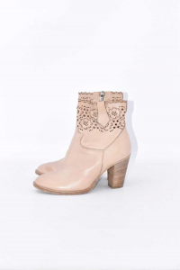 Ankle Boots Woman In Real Leather Size 36 Beige Traforati