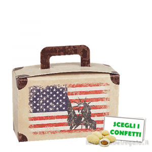 Scatola valigia Portaconfetti U.S.A. Bomboniera Matrimonio linea Travel Vintage con tag 8x3x8 cm