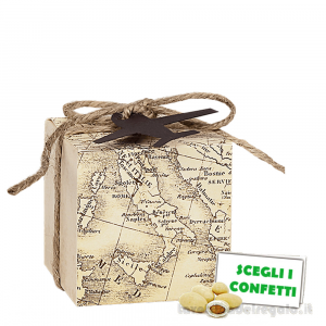 Scatola cubo Portaconfetti Cartina Geografica Bomboniera Matrimonio linea Travel Vintage con tag 5x5x5 cm