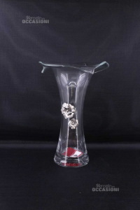 Glass Vase Decor With Flowers Silver 925 Made In Italy 37 Cm