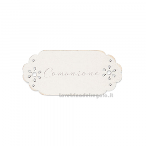 Targhetta bianca Bomboniera Comunione con scritta e fiorellini traforati in legno 6 cm - Decorazioni