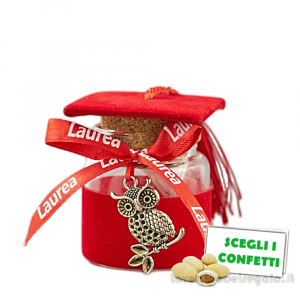 Bomboniera Laurea Barattolino portaconfetti Tocco Rosso con gufo 6.5 cm