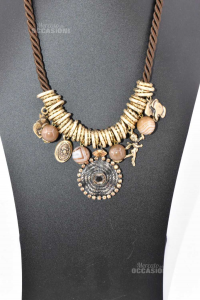 Necklace Woman Rope Brown Charms Golden