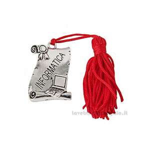 Ciondolo Bomboniera Laurea Pergamena Infomatica in metallo e nappina rossa 3x4 cm - Decorazioni