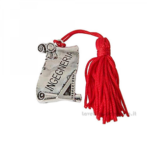Ciondolo Bomboniera Laurea Pergamena Ingegneria in metallo e nappina rossa 3x4 cm - Decorazioni