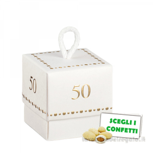 Scatola cubo Portaconfetti Bomboniera 50° Anniversario Nozze Fleur con scritta Oro e cordoncino 5x5x5 cm
