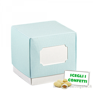 Scatola cubo Portaconfetti celeste Bomboniera Battesimo Bimbo Fleur Mille Righe con tasca 9x9x9 cm