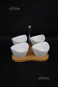 For Appetizer Or Holder Salse With Wooden Base And 4 Cups Tognana White In Ceramic