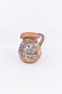 Carafe Terracotta Hand Painted Flowers Blue H 12 Cm