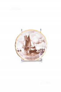 Plate In Porcelain Limoges France 10cm - Roy Image Sailing Ship,bordo Golden