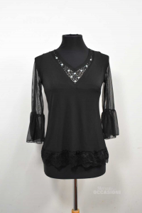 T-shirt Woman Pittarello Black Sleeves Transparent Size.unique New