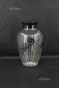 Vase Flower Stand Glass Transparent With Band Black,made In Italy H 32 Cm