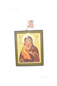 Quadro Icona Madonna Con Bambino Russo Dipinto A Tempera 30x24 Cm