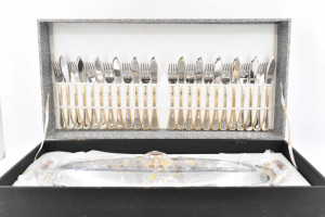 Pesciera Steel Inoxwith Processing In Gold 24 Carat + 12 Forks And Knives